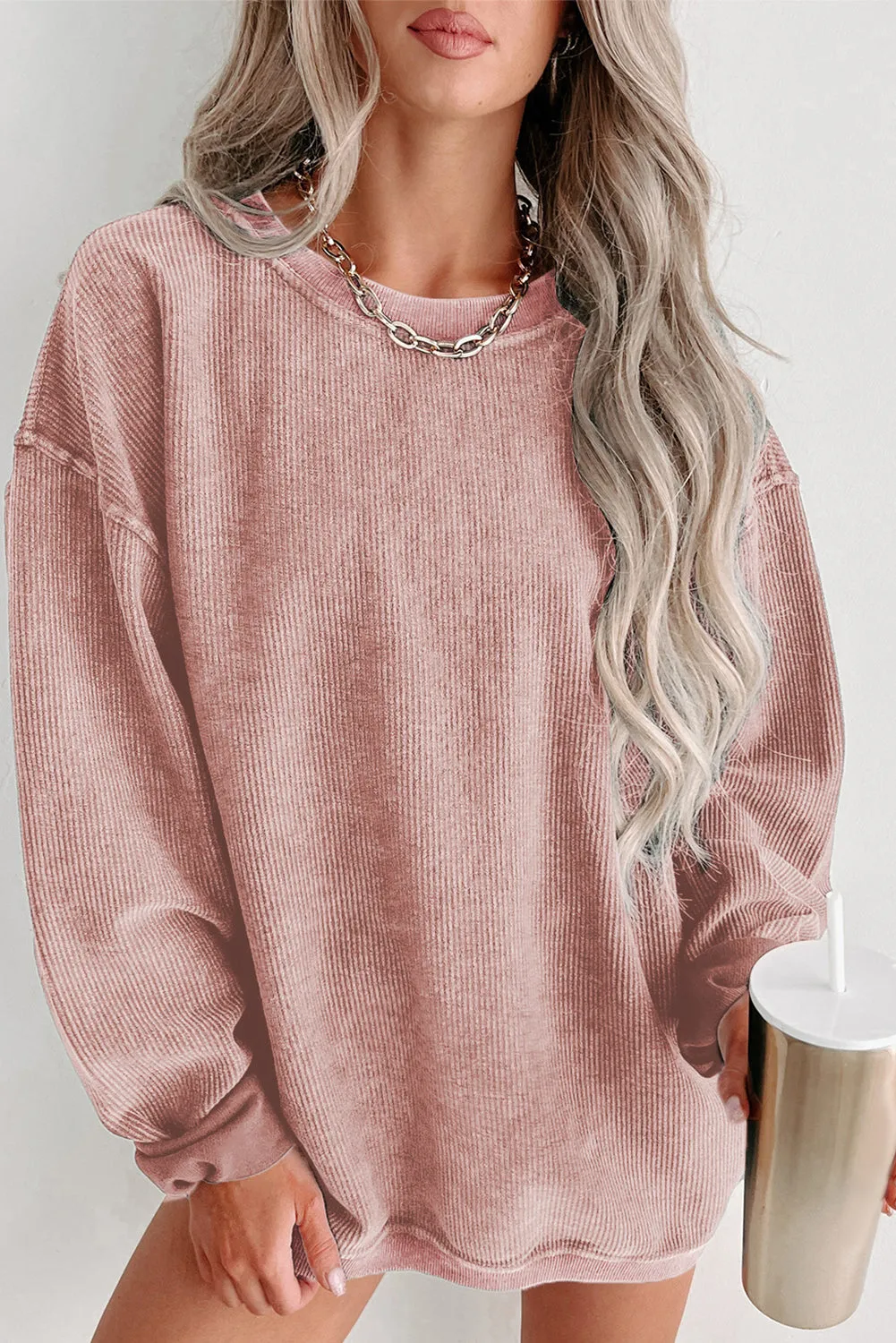 Faith Solid Ribbed Knit Round Neck Pullover Sweatshirt sold by Threaded Pear product image thumbnail 3