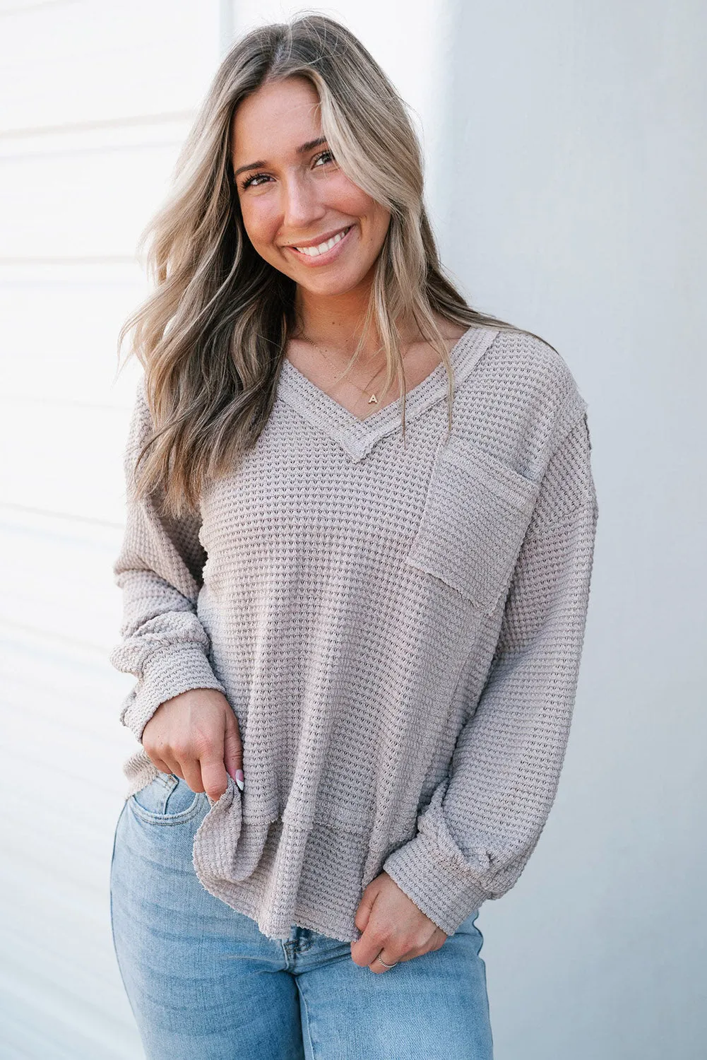 Eden Raw Edge Detail Waffle Knit V Neck Top sold by Threaded Pear product image thumbnail 4