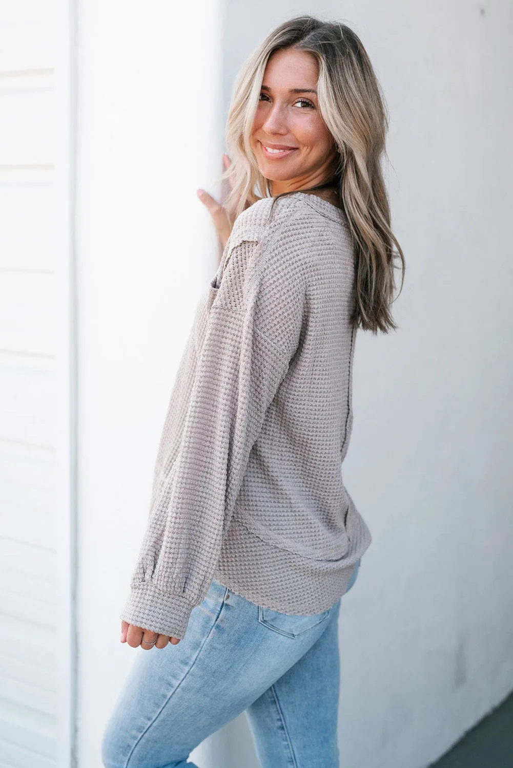 Eden Raw Edge Detail Waffle Knit V Neck Top sold by Threaded Pear product image thumbnail 3