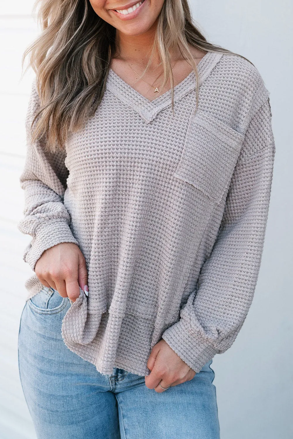 Eden Raw Edge Detail Waffle Knit V Neck Top sold by Threaded Pear