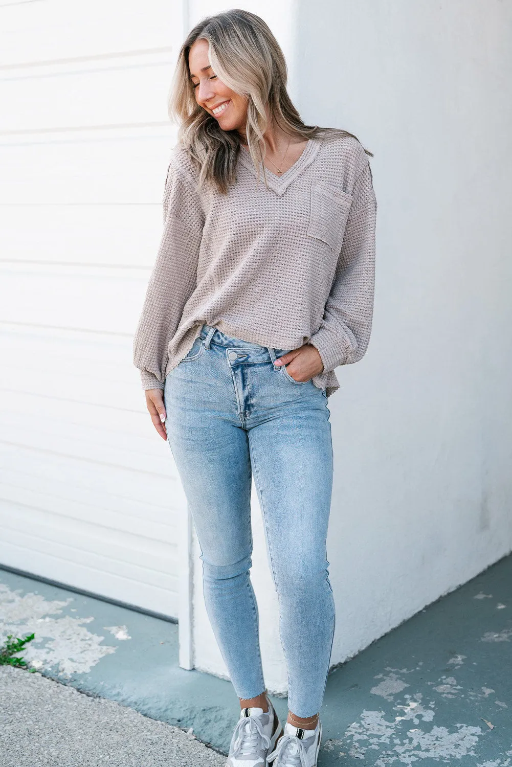 Eden Raw Edge Detail Waffle Knit V Neck Top sold by Threaded Pear product image thumbnail 5