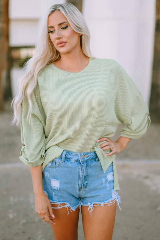 Jade Ribbed Roll-tab Sleeve Chest Pocket Oversize Top sold by Threaded Pear