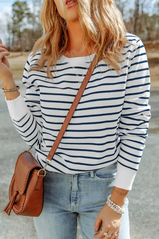Hannah Striped Print Ribbed Trim Long Sleeve Top sold by Threaded Pear