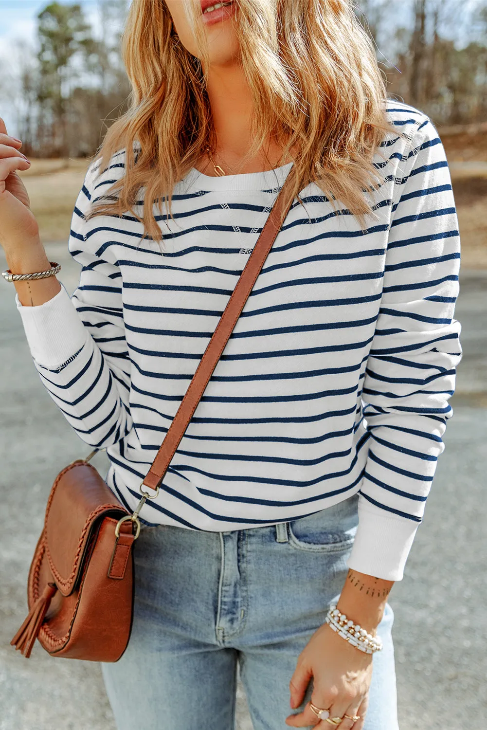 Hannah Striped Print Ribbed Trim Long Sleeve Top sold by Threaded Pear
