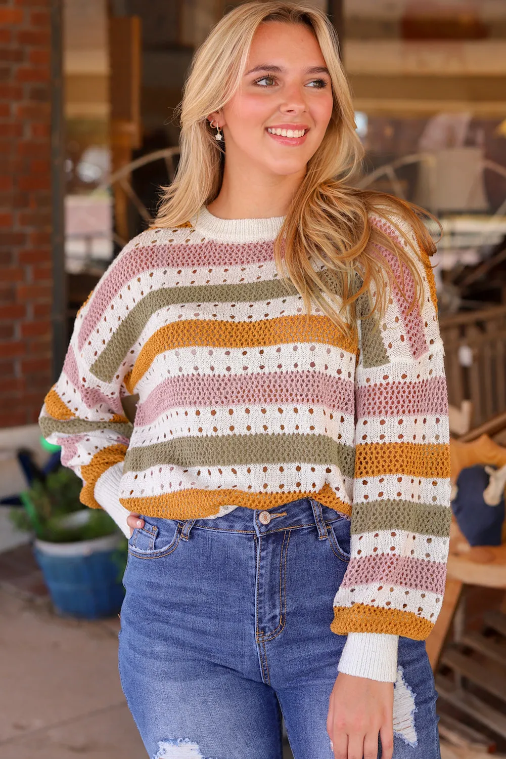 Caroline Striped Hollowed Knitted Loose Sweater sold by Threaded Pear product image thumbnail 4