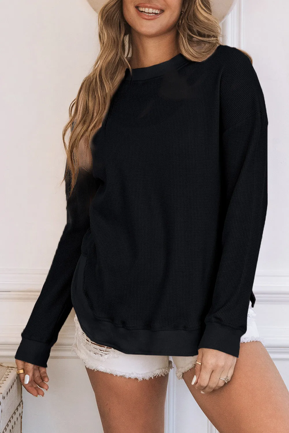 Isabelle Crew Neck Ribbed Trim Waffle Knit Top sold by Threaded Pear product image thumbnail 3