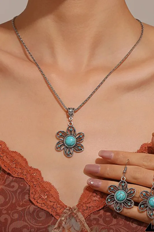 Turquoise Decor Flower Pendant Alloy Necklace sold by Threaded Pear