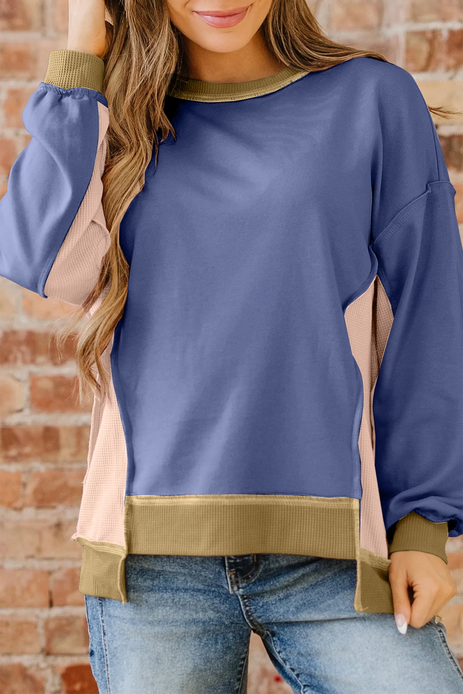 Alaina Waffle Patchwork Oversize Sweatshirt sold by Threaded Pear product image thumbnail 3