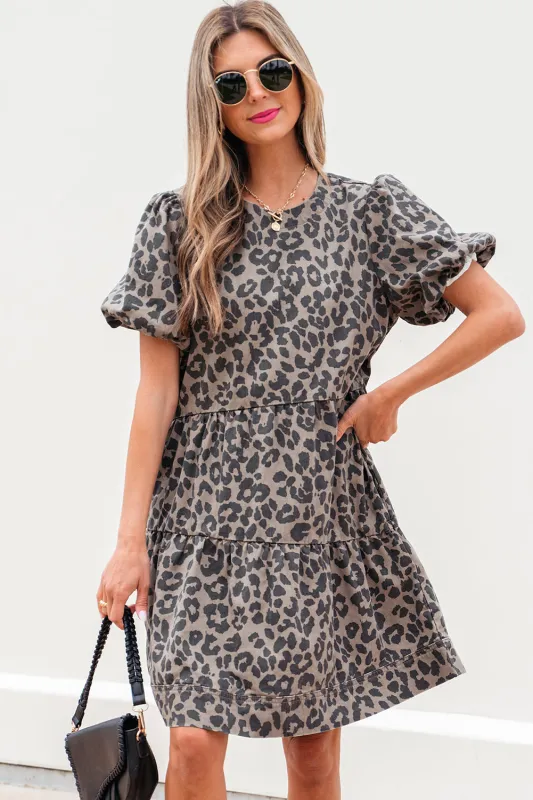 Zaylee Denim Leopard Short Puff Sleeve Mini Dress sold by Threaded Pear
