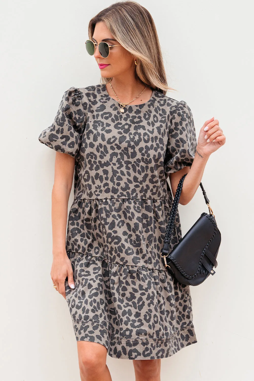 Zaylee Denim Leopard Short Puff Sleeve Mini Dress sold by Threaded Pear product image thumbnail 3