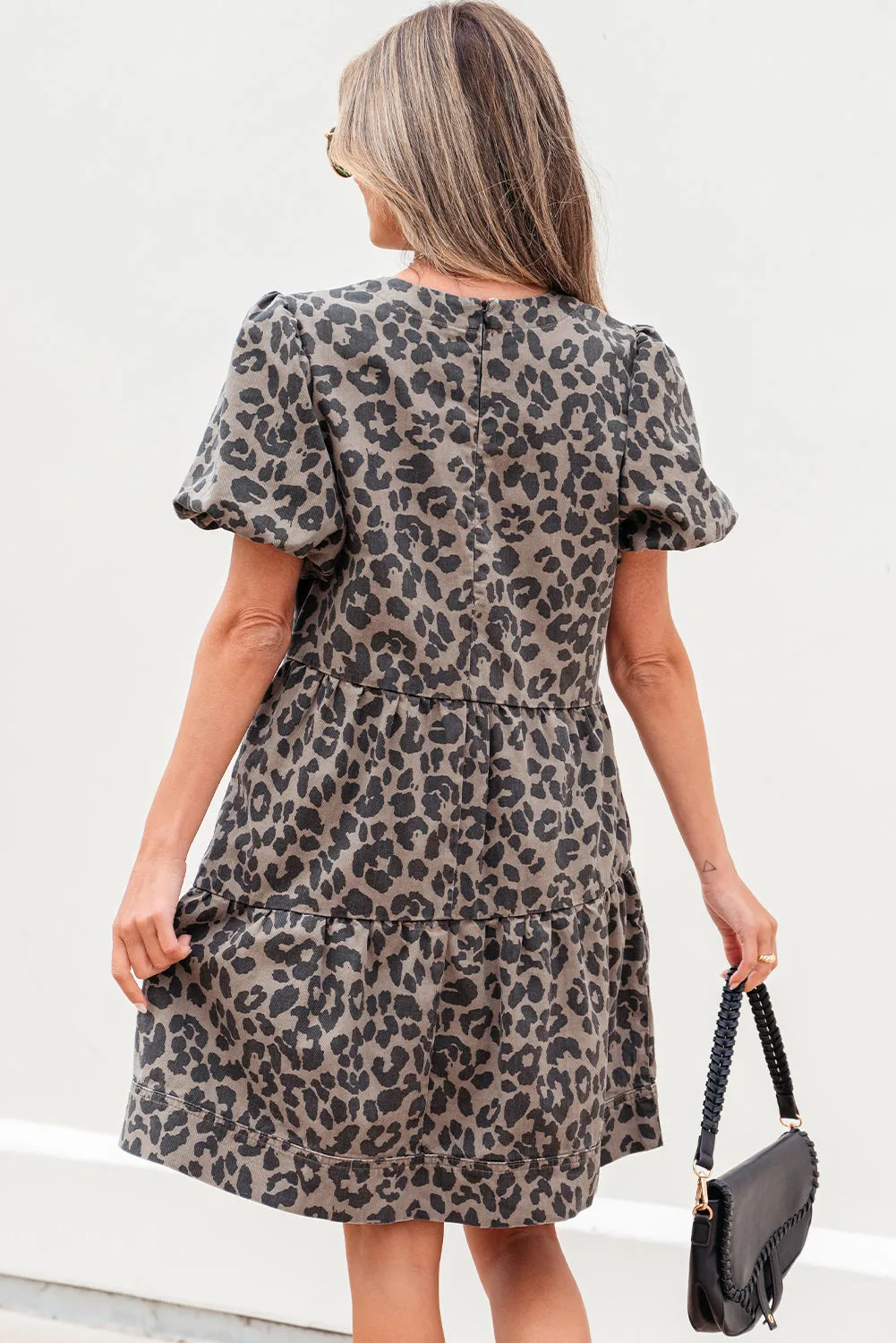 Zaylee Denim Leopard Short Puff Sleeve Mini Dress sold by Threaded Pear product image thumbnail 2
