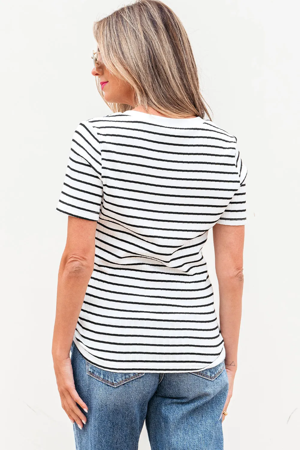 Marleigh Stripe Textured Buttoned Henley Top sold by Threaded Pear product image thumbnail 2
