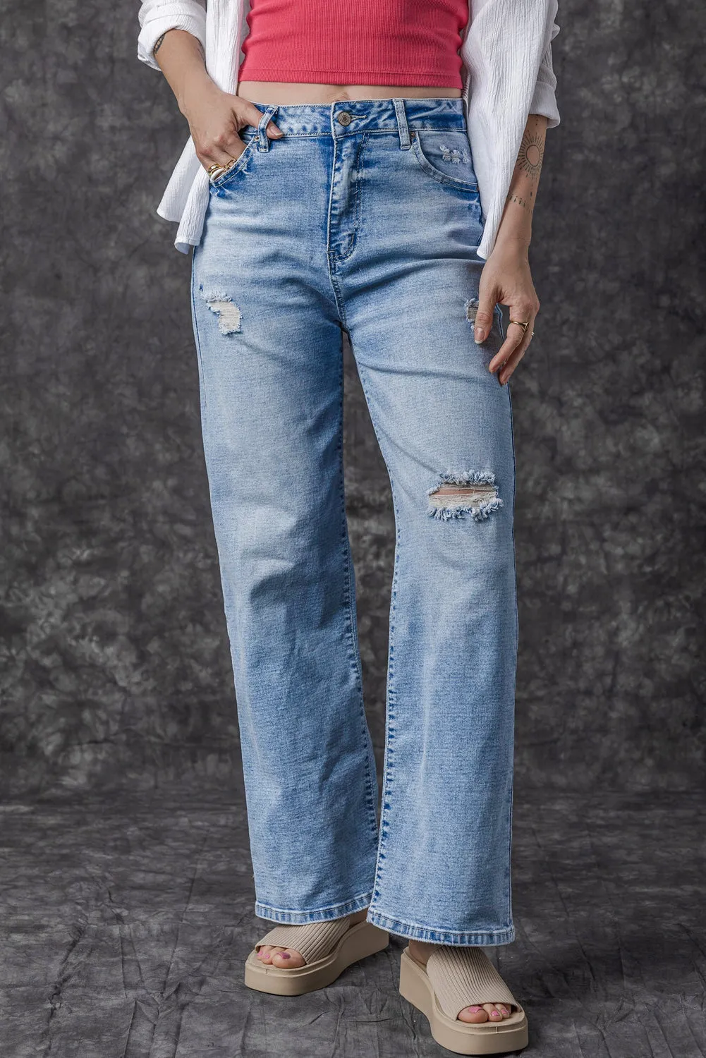 Giana High Rise Distressed Straight Leg Jeans sold by Threaded Pear