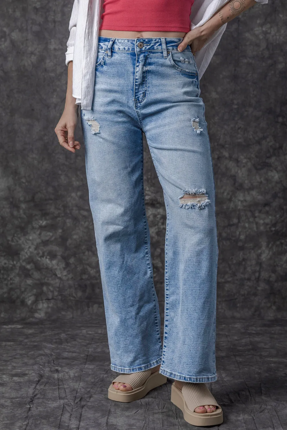 Giana High Rise Distressed Straight Leg Jeans sold by Threaded Pear product image thumbnail 3