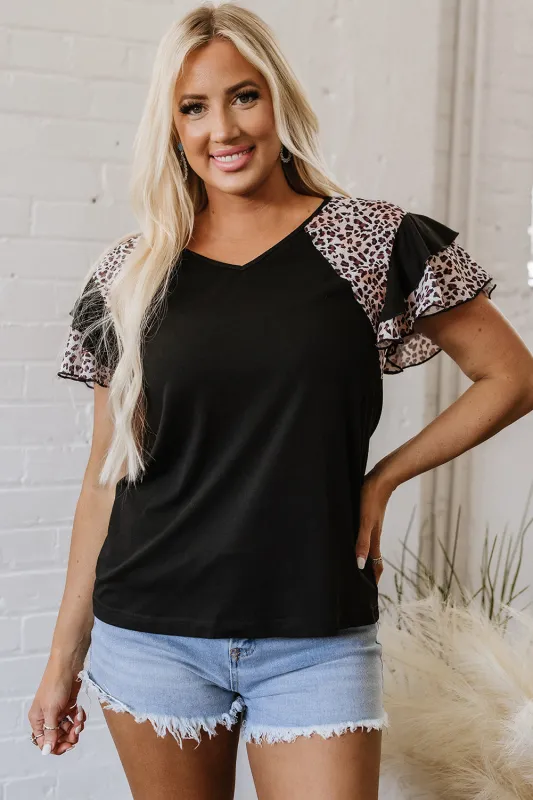 Emryn Leopard Ruffled Sleeve V Neck Top made by Threaded Pear