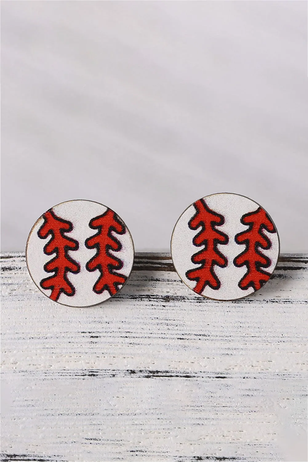 White Wooden Baseball Studded Earrings sold by Threaded Pear product image thumbnail 2