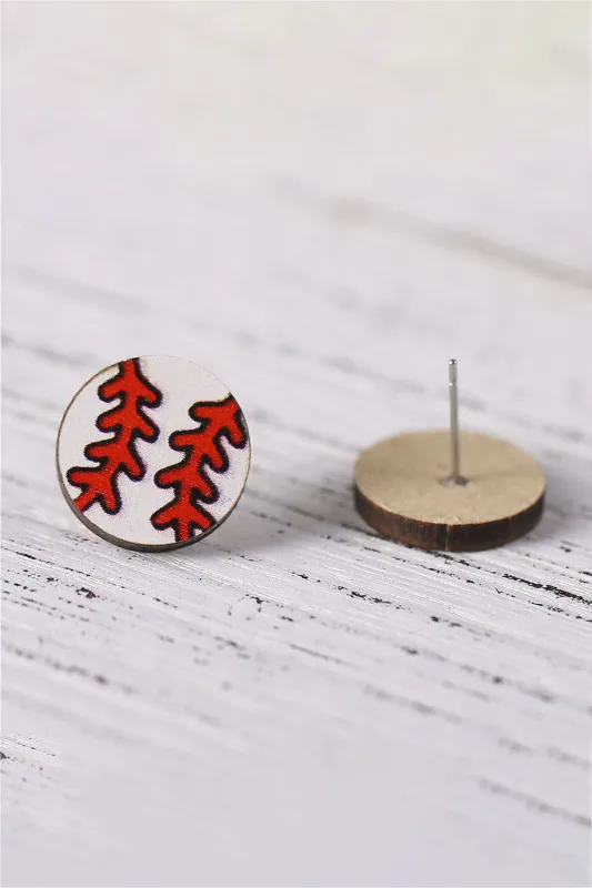 White Wooden Baseball Studded Earrings made by Threaded Pear