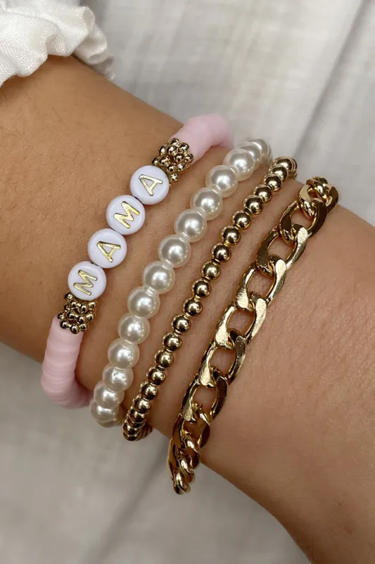 Gold 4PCS MAMA Pearls Beaded Chain Bracelets Set made by Threaded Pear