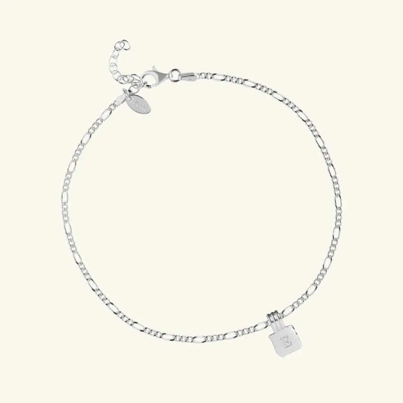 Initial Square Charm Figaro Chain Anklet Silver sold by Muru
