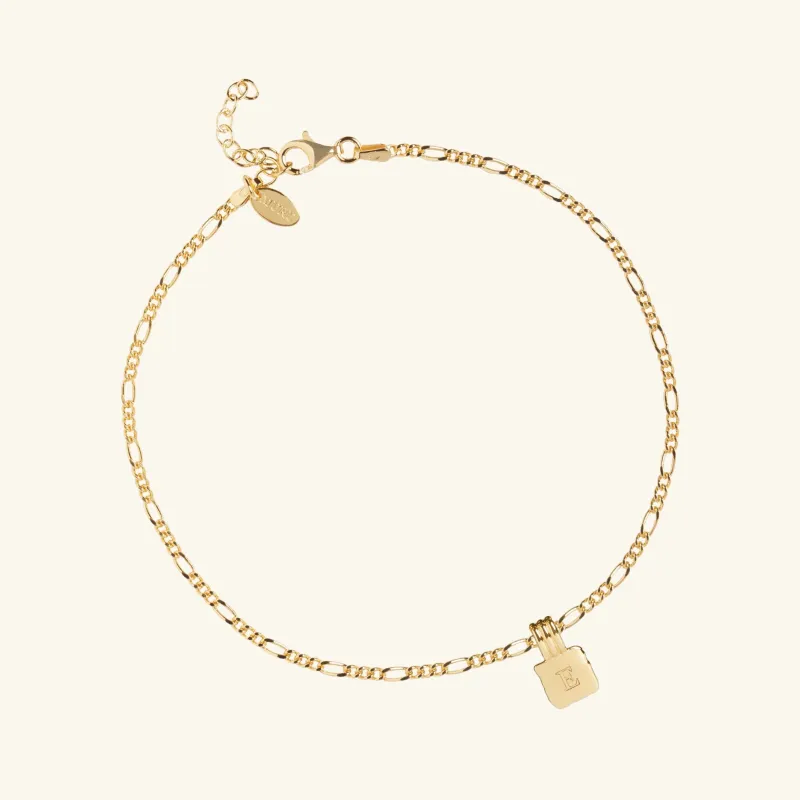Initial Square Charm Figaro Chain Anklet Gold sold by Muru