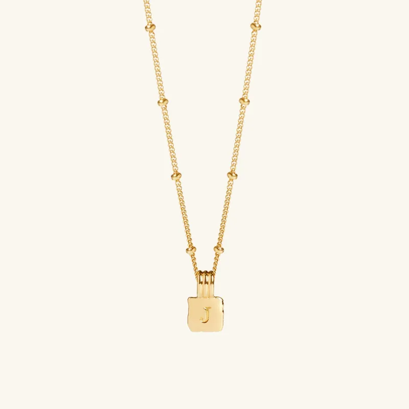 Mini Initial Square Charm Necklace Gold With Bead Chain sold by Muru