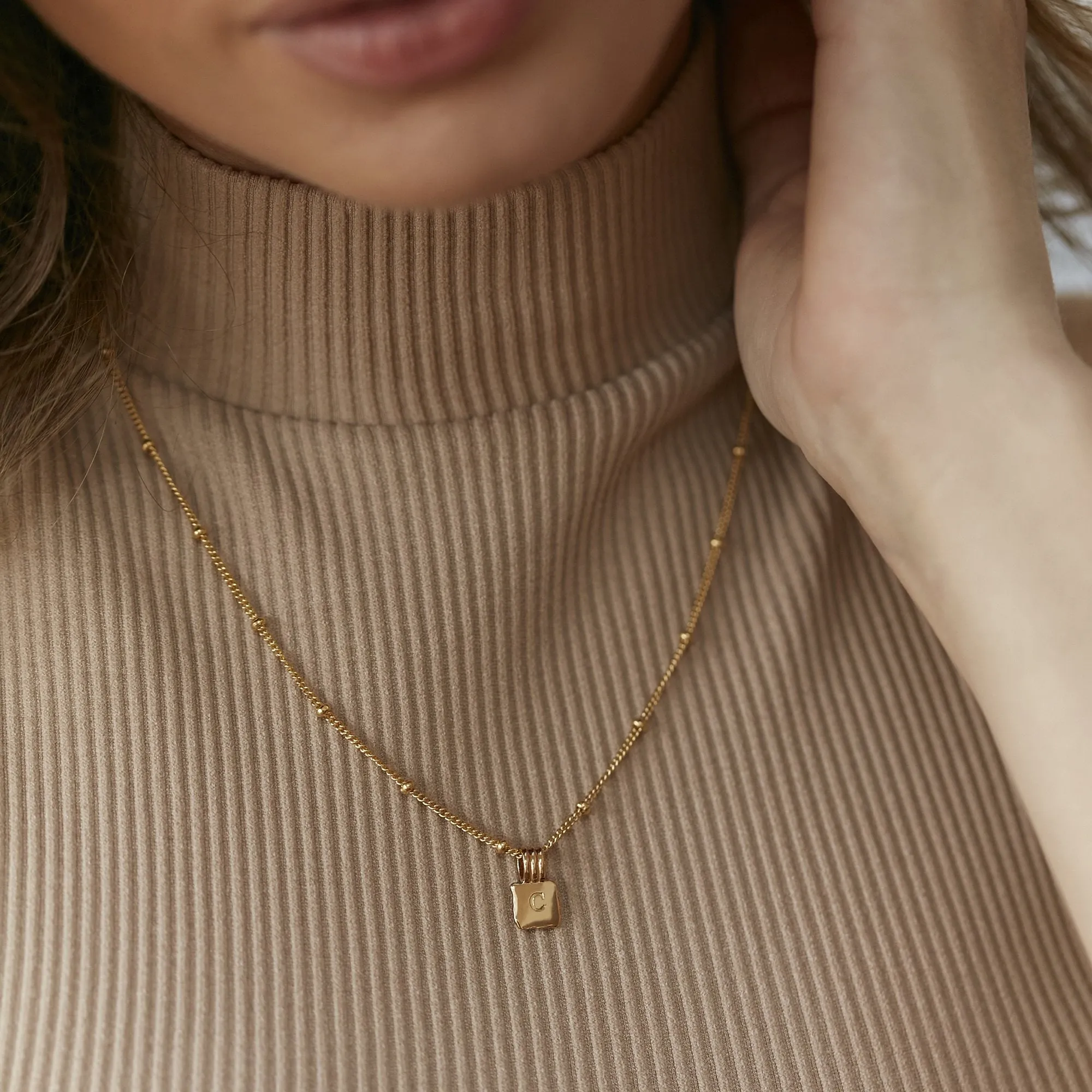 Mini Initial Square Charm Necklace Gold With Bead Chain sold by Muru product image thumbnail 3