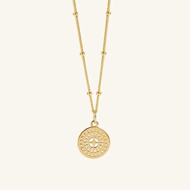 Mini Ancient Sun Pendant Bead Chain Necklace Gold sold by Muru