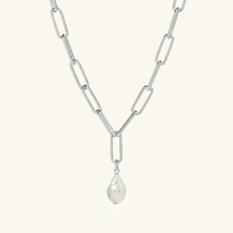 Freshwater Pearl Charm Paperclip Necklace Silver sold by Muru