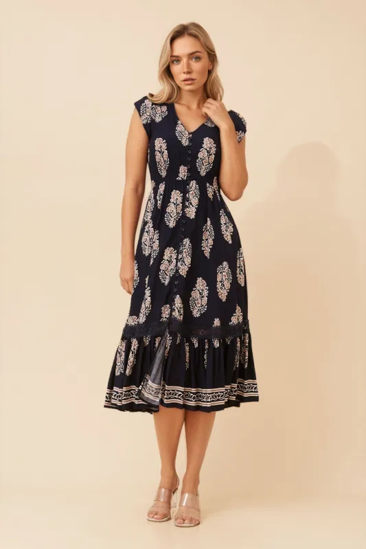 MOROCCO BORDER PRINT MIDI DRESS sold by Rockmans