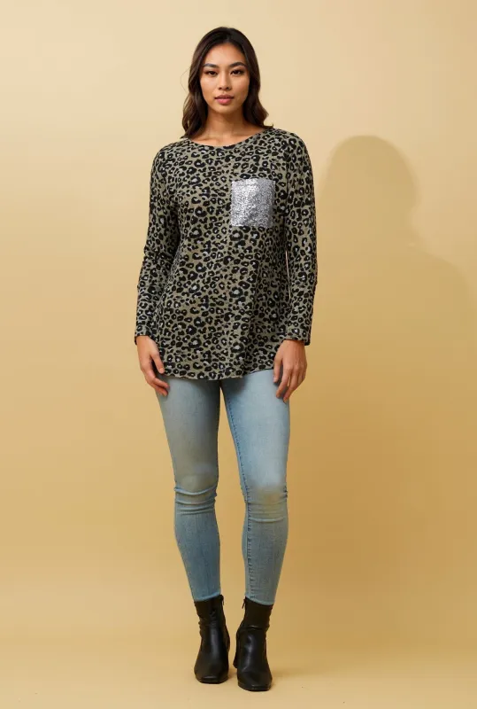 ATTIMA SEQUIN PATCH POCKET LEAOPRAD TOP sold by Rockmans