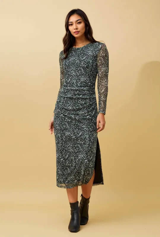 JUAN ABSTRACT PRINT RUCHED MIDI DRESS sold by Rockmans