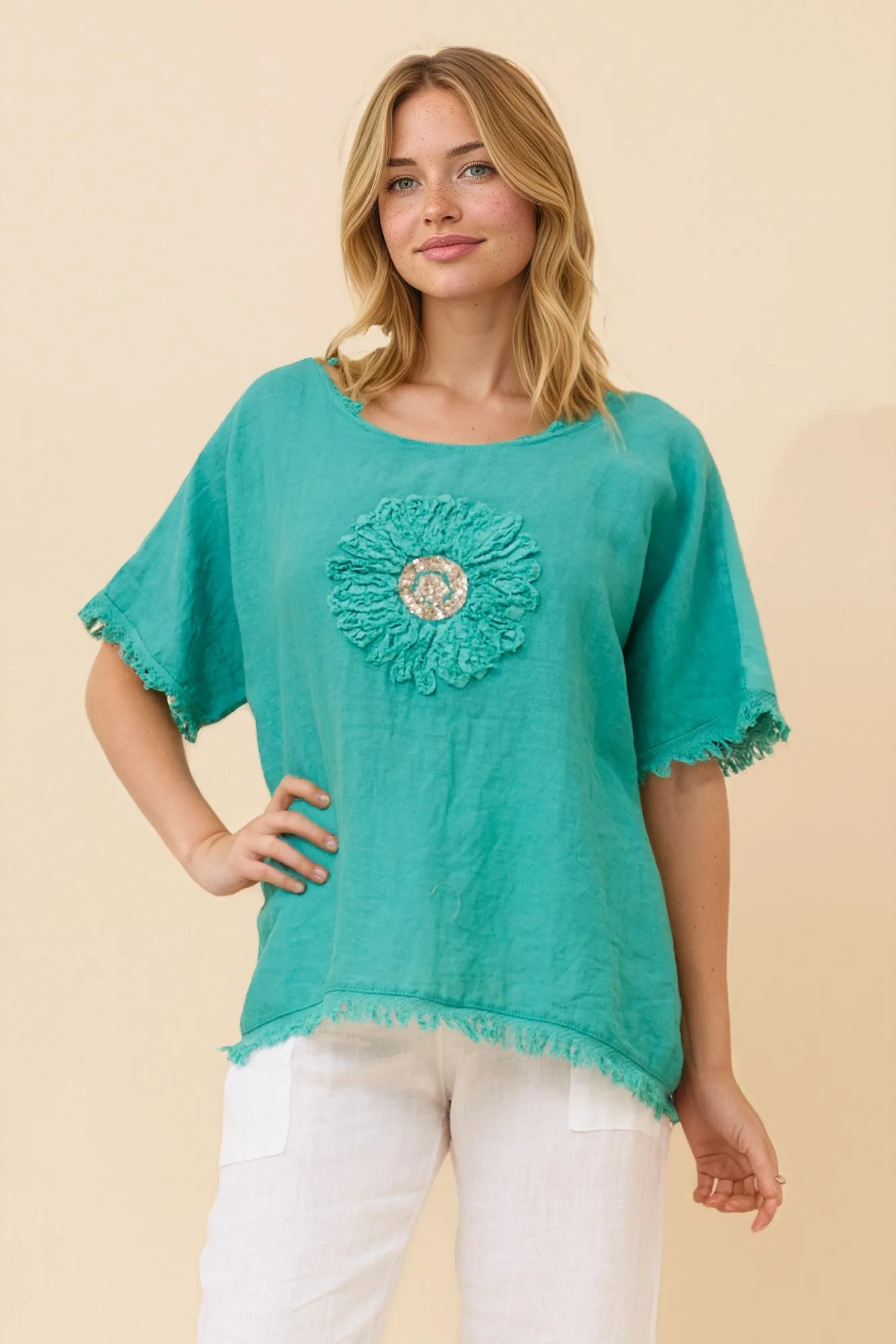 SUNFLOWER PATCHWORK LINEN TOP sold by Rockmans