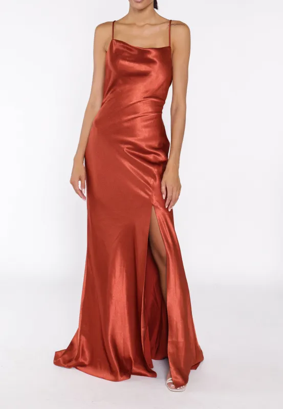 Pippa Dark Copper Bridesmaid Cowl-Neck Slip Dress sold by True Decadence