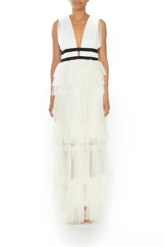 Eliza Cream Plunging Neck Layered Tulle Skirt Maxi-Dress made by True Decadence
