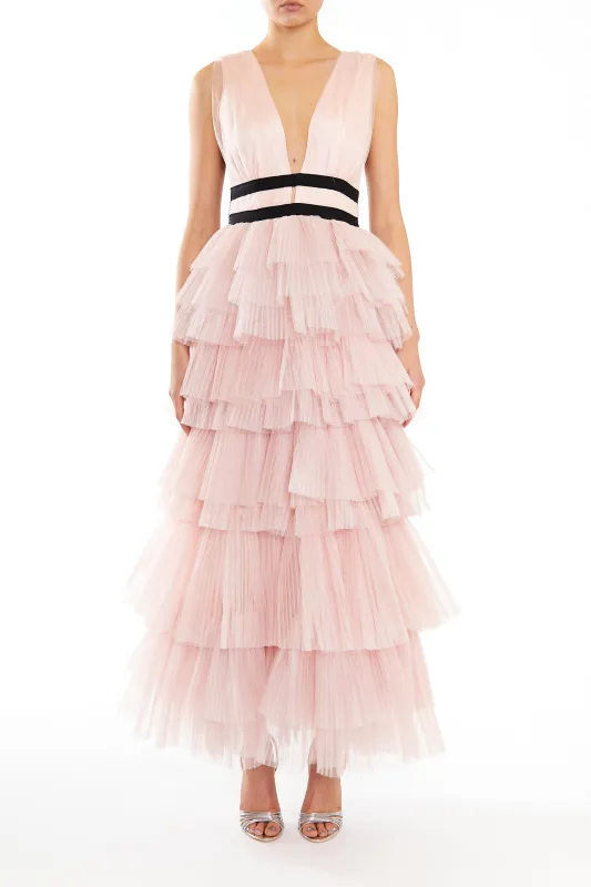 Eliza Soft Nude Plunging Neck Layered Tulle Skirt Maxi-Dress made by True Decadence