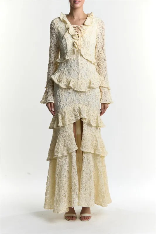 Cream Abby Ruffle Collar Long Sleeve Maxi Dress sold by True Decadence