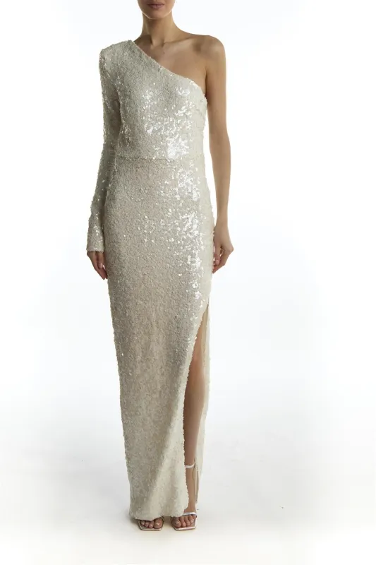 White Sequin Ellen Asymmetric-Sleeve Side Split Maxi-Dress sold by True Decadence