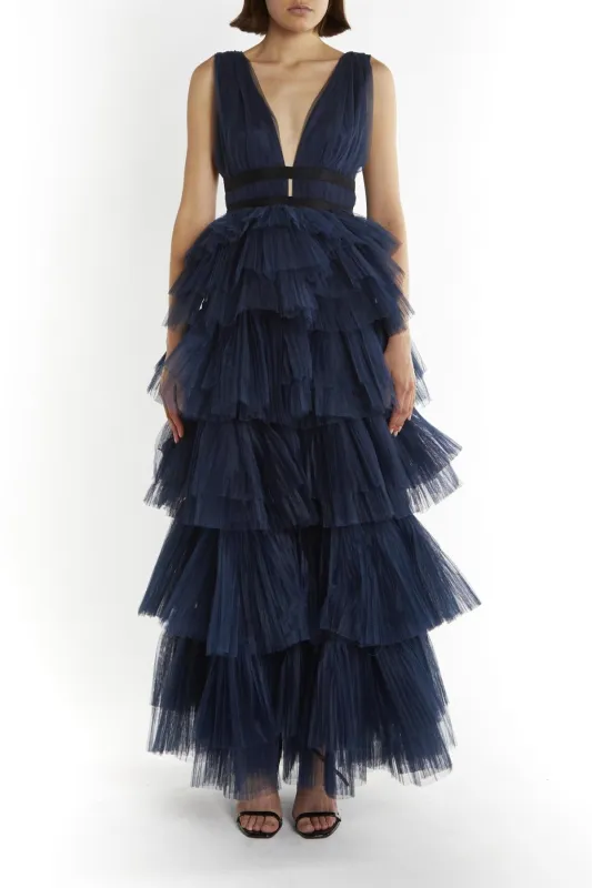 Eliza Navy Deep Plunge Layered Tulle Maxi-Dress sold by True Decadence