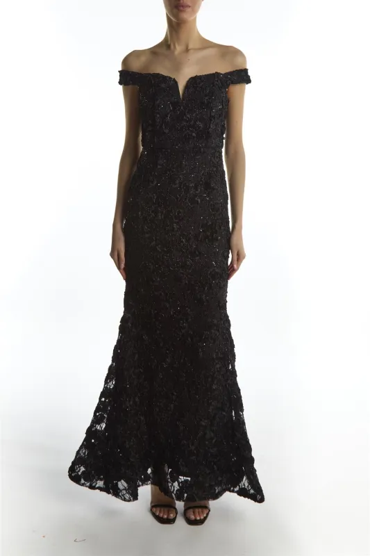 Etta Black Lace Bardot Off Shoulder Evening Maxi Gown sold by True Decadence