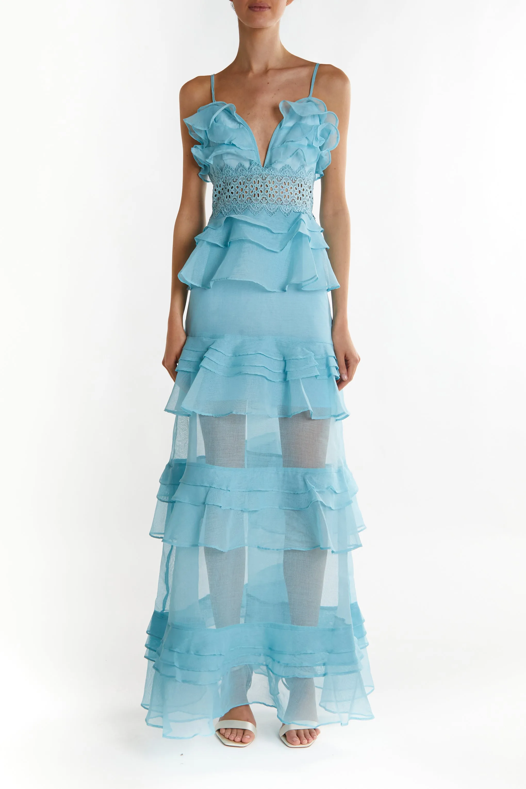 Sophia Light Steel Blue Tiered Ruffle Maxi Dress sold by True Decadence