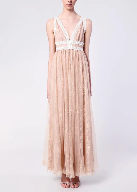 Juliette Nude Lace V-Neck Maxi Dress sold by True Decadence