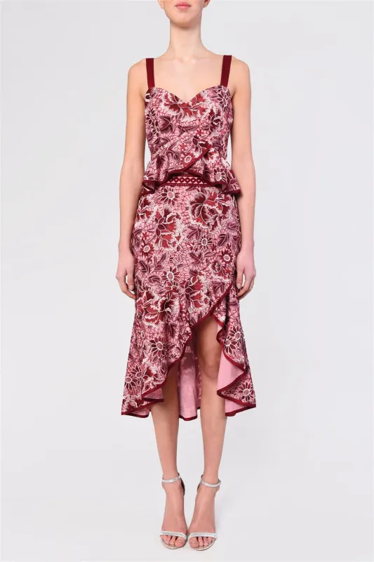 Felicity Pink Burgundy Lace Peplum Hi-Low Top made by True Decadence