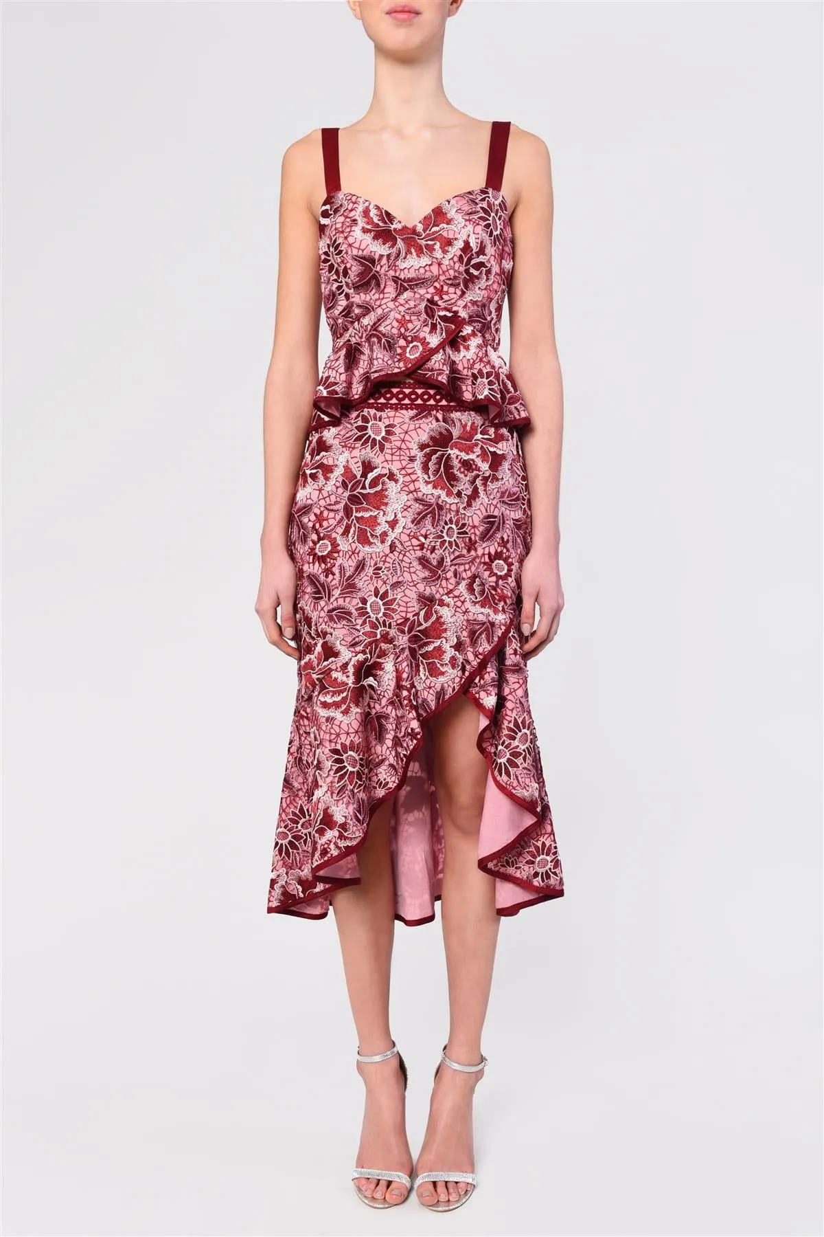 Felicity Pink Burgundy Lace Peplum Hi-Low Top sold by True Decadence