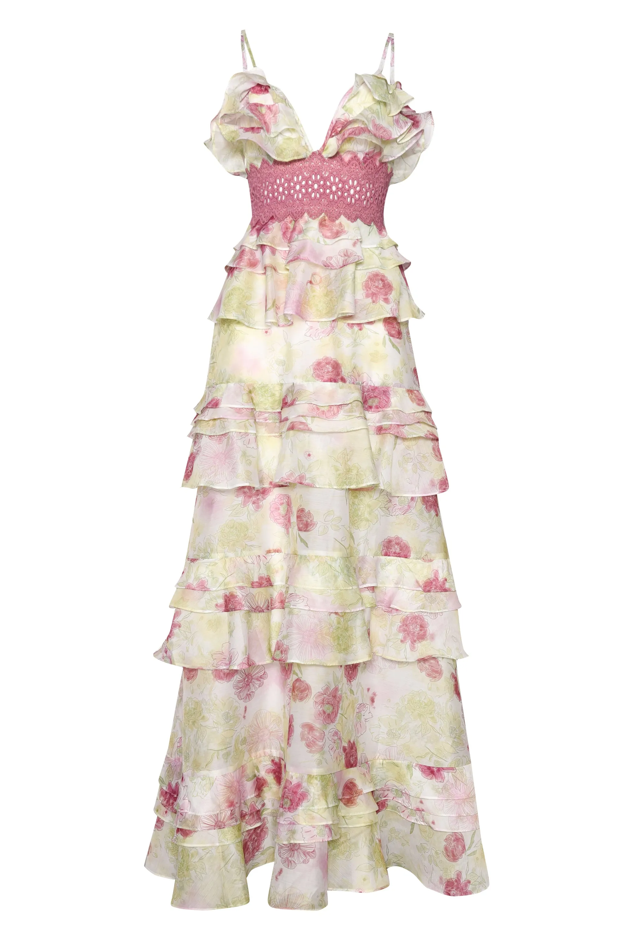 Sophia Green Pink Watercolour Plunge Front Tiered Ruffle Maxi Dress sold by True Decadence product image thumbnail 3