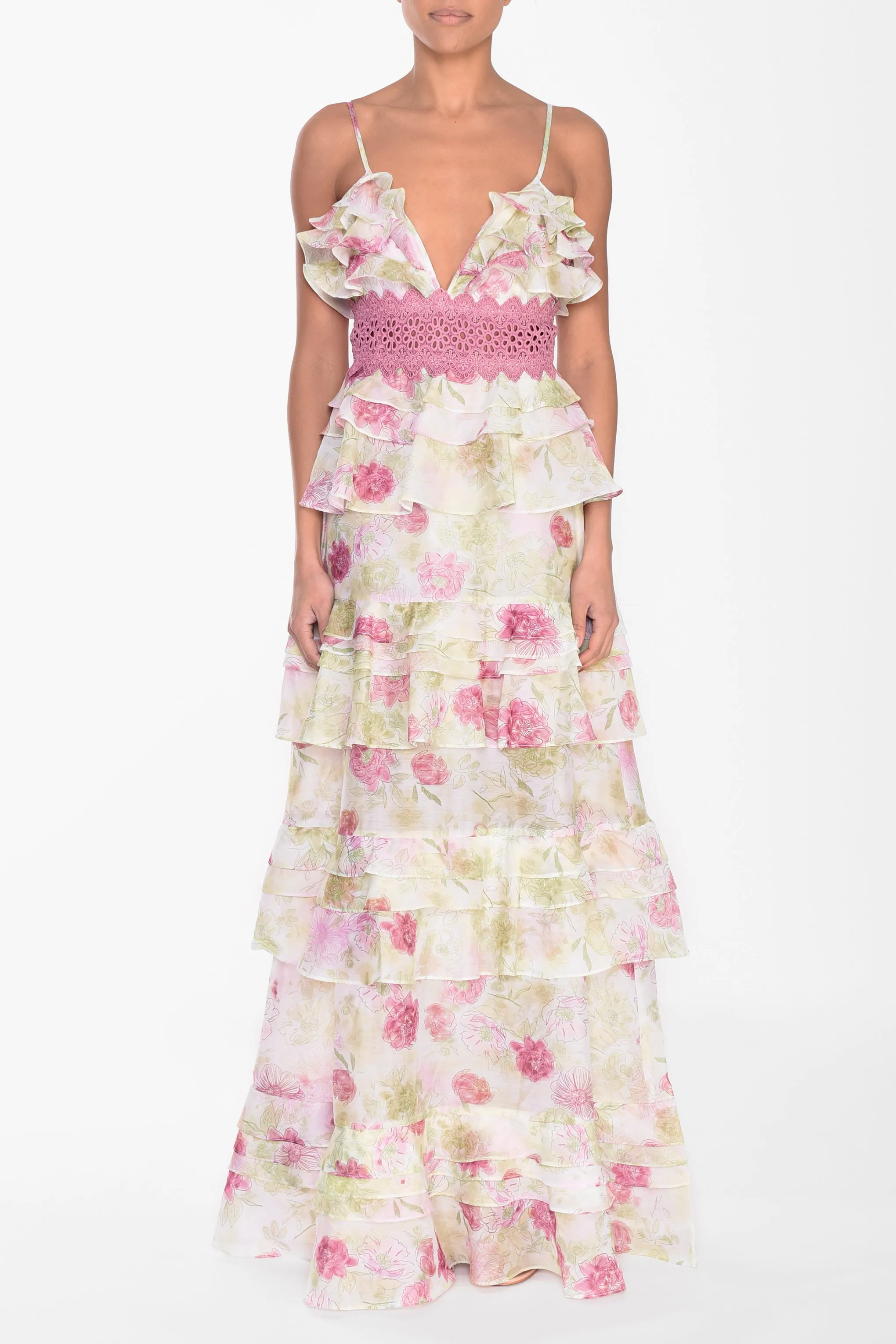 Sophia Green Pink Watercolour Plunge Front Tiered Ruffle Maxi Dress sold by True Decadence