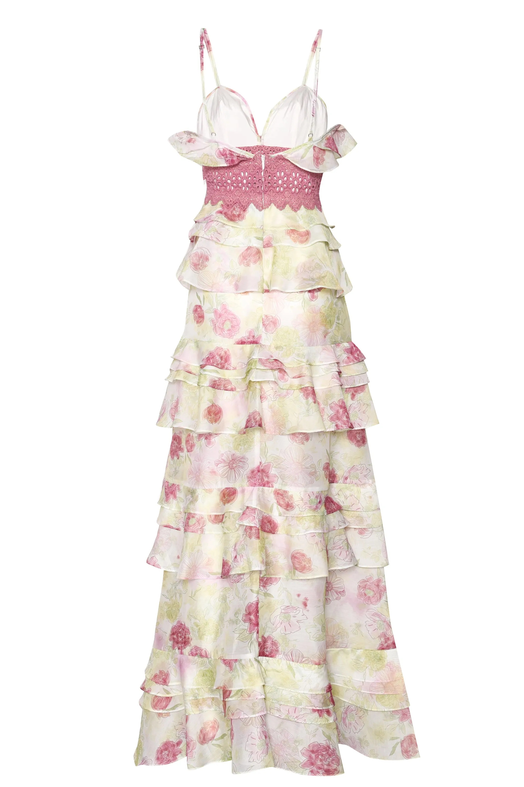 Sophia Green Pink Watercolour Plunge Front Tiered Ruffle Maxi Dress sold by True Decadence product image thumbnail 4