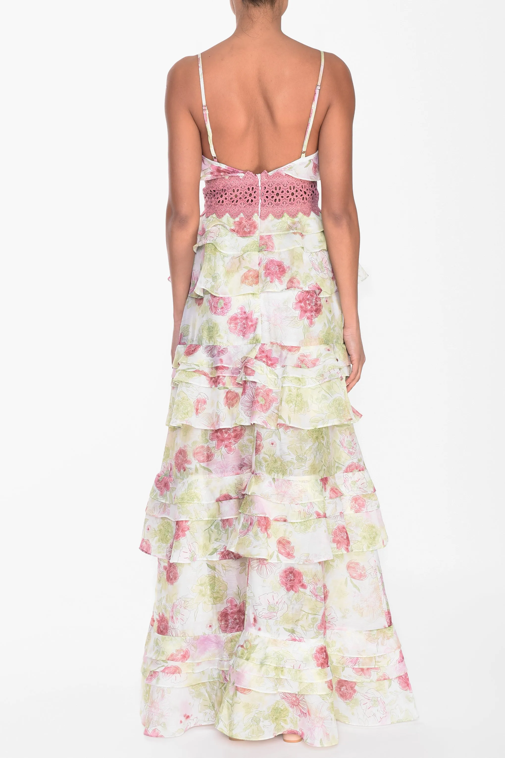 Sophia Green Pink Watercolour Plunge Front Tiered Ruffle Maxi Dress sold by True Decadence product image thumbnail 2