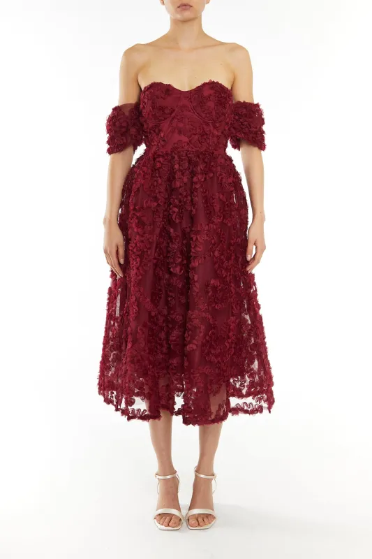 Amelia Burgundy Bardot Bust Cup Midi Dress sold by True Decadence