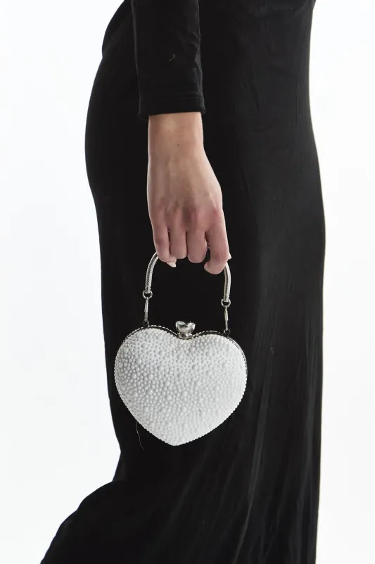 Silver & Pearl Embellished Heart Shape Purse made by True Decadence