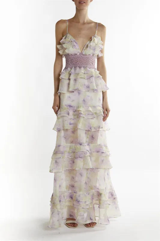 Green-Lilac Watercolour Sophia Plunge Front Tiered Ruffle Maxi-Dress sold by True Decadence